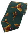 Krawatte mit Jagdmotiv - fliegende Fasane auf grünem Grund